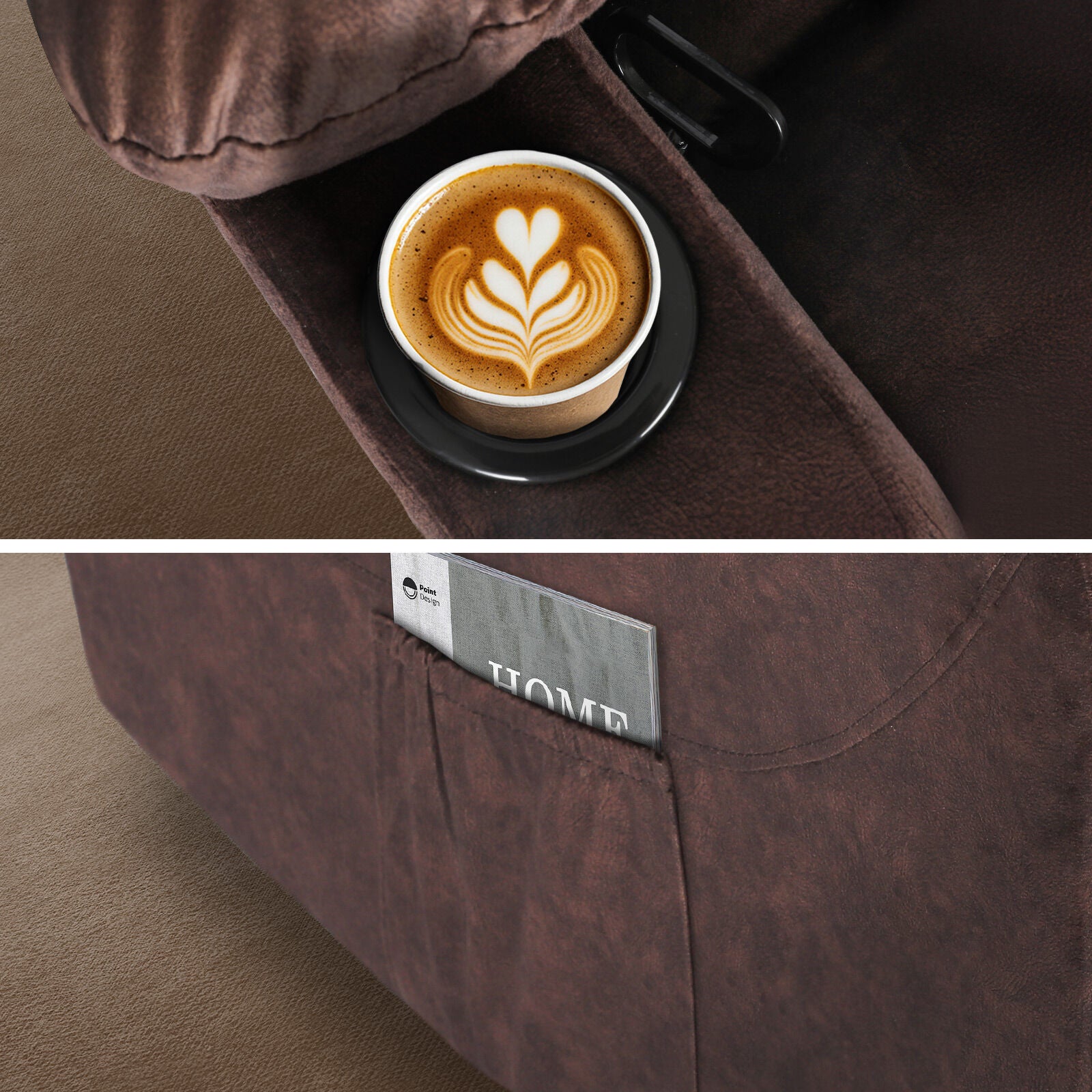 Brown fabric recliner detail: cup holder with latte (top) and side pocket with magazine (bottom)