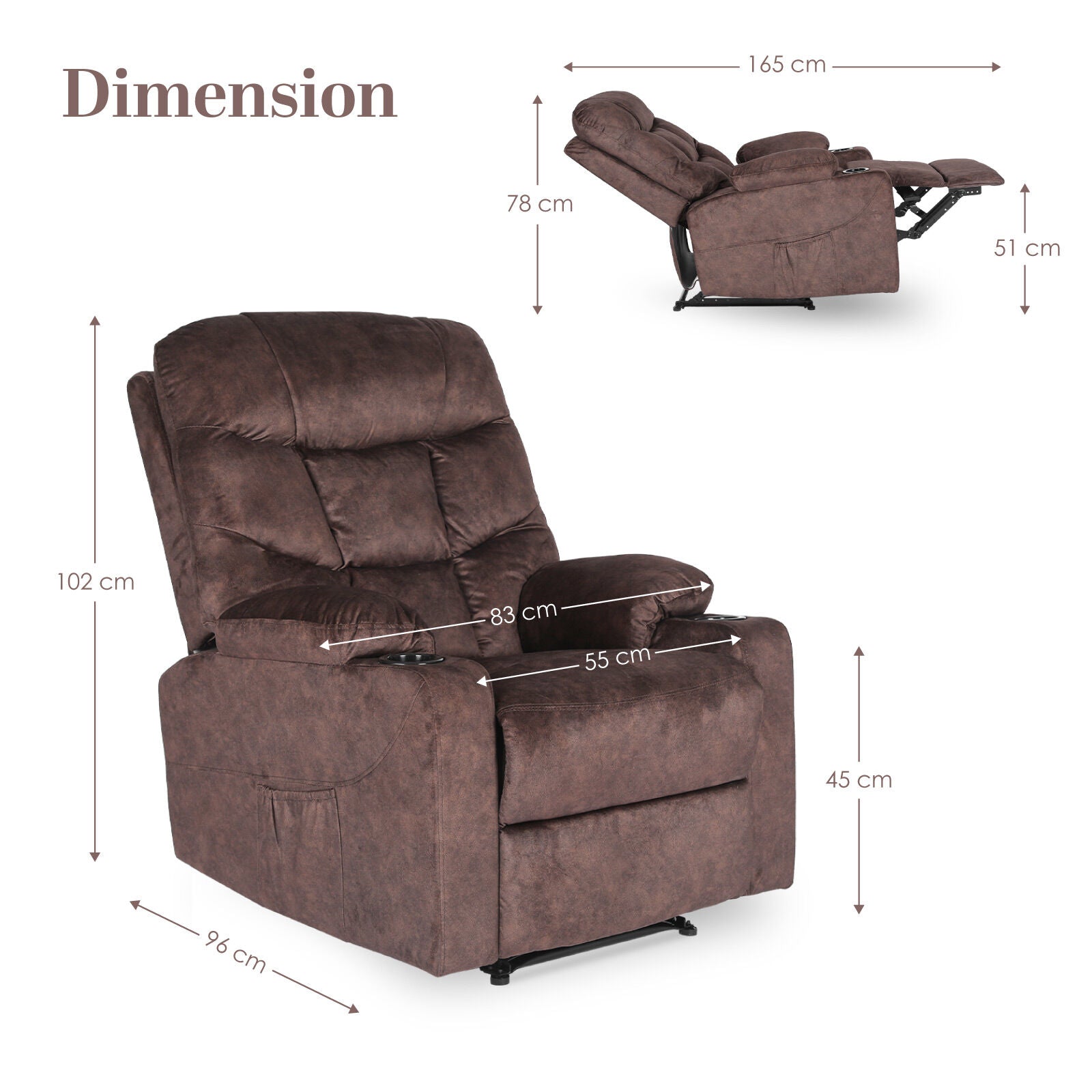 Brown fabric tufted recliner dimensions: 83cm wide, 96cm deep, 102cm tall, 45cm seat height; reclined 165cm long, 78cm tall