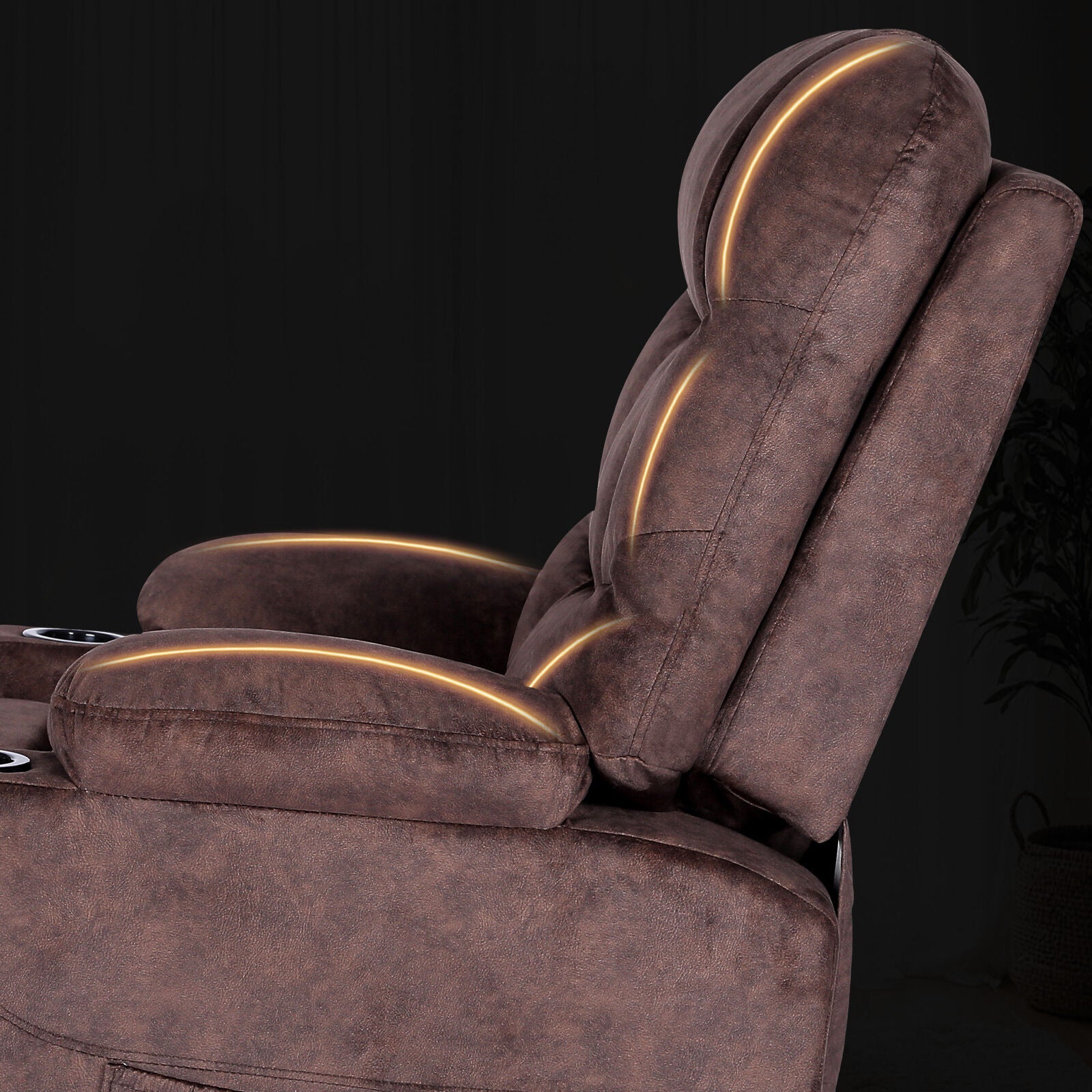 Brown fabric recliner backrest and seat with amber glowing massage indicators along seams, dark background