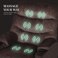 Brown fabric recliner backrest with 8 green massage zone indicators and cup holder, text 