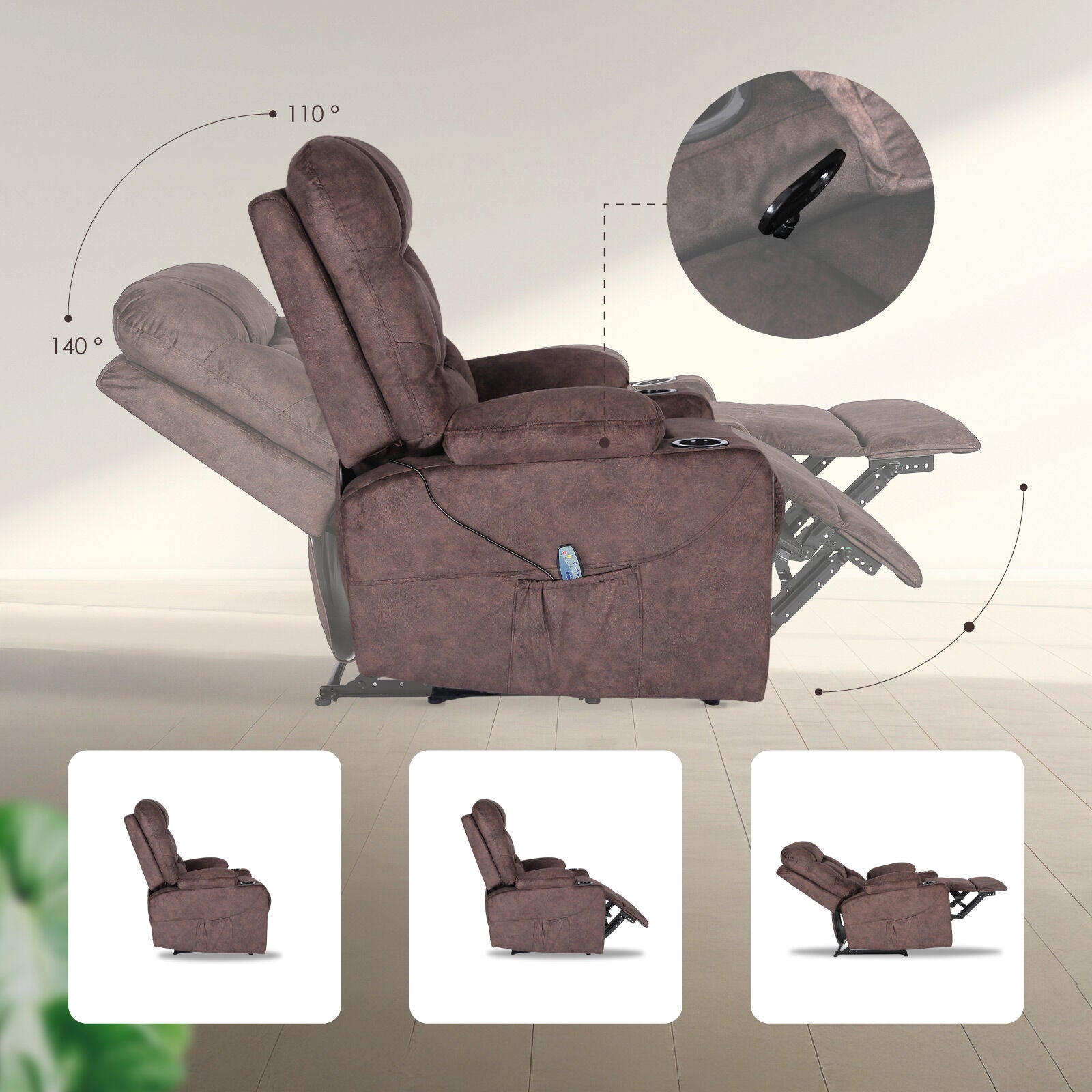 Brown fabric tufted recliner side view with 110° and 140° recline angles, remote in pocket, three position insets below