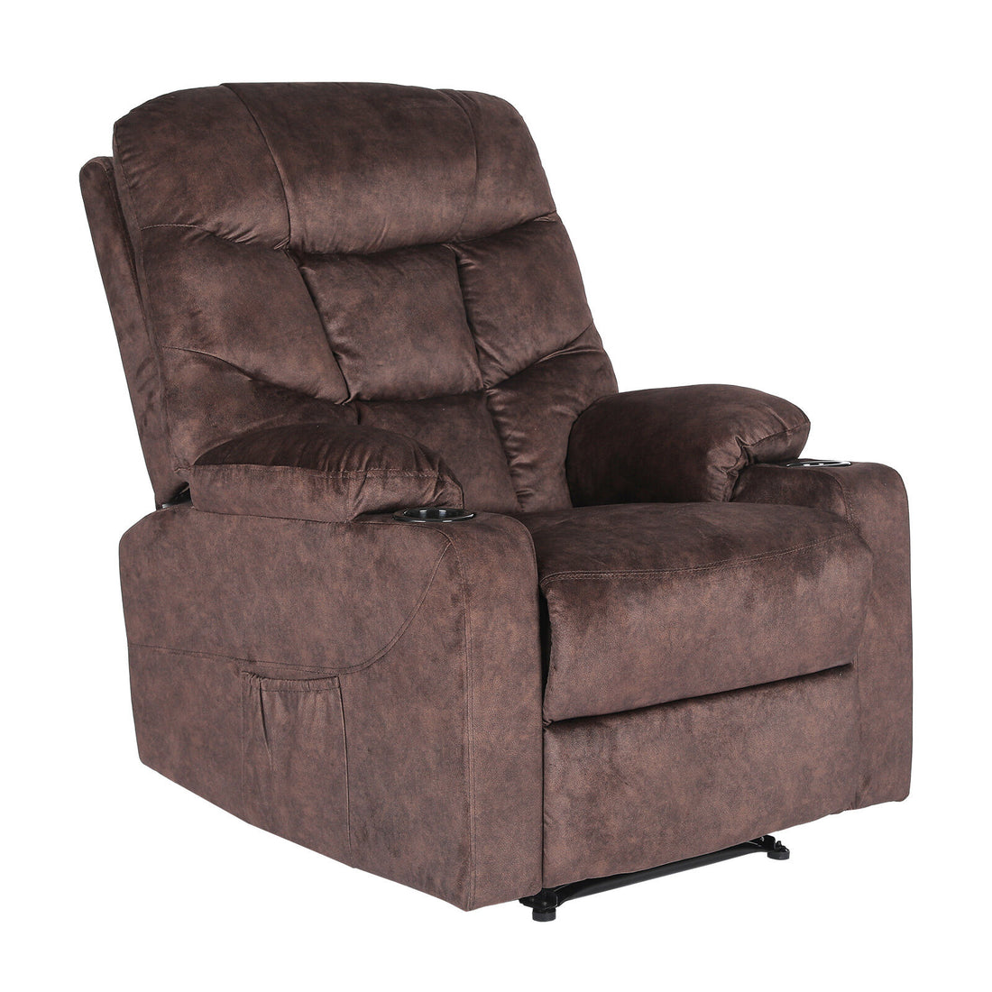 Brown fabric recliner with tufted backrest, two cup holders and side pocket, three-quarter angle view on white background