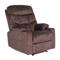 Brown fabric recliner with tufted backrest, two cup holders and side pocket, three-quarter angle view on white background