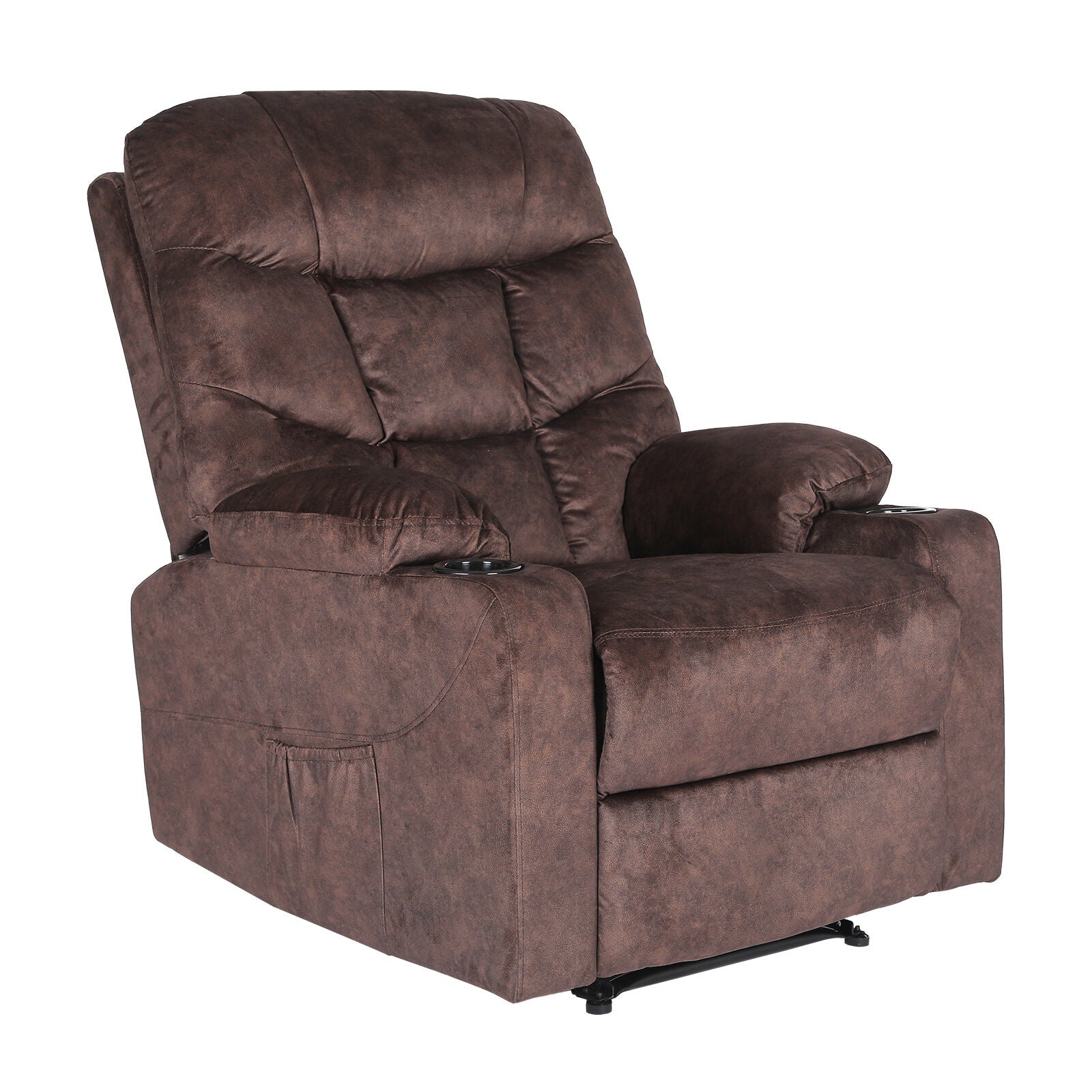 Brown fabric recliner with tufted backrest, two cup holders and side pocket, three-quarter angle view on white background