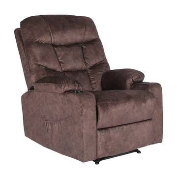 Brown fabric recliner with tufted backrest, two cup holders and side pocket, three-quarter angle view on white background