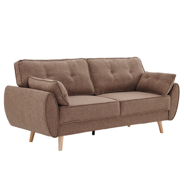 Angle view of brown linen fabric sofa bed with rounded arms, button-tufted back cushions and natural wood legs