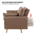 Adjustable backrest converts into bed infographic showing side profile of brown linen sofa with red arrow indicator