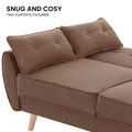 Snug and cosy two cushions included infographic showing brown linen sofa bed in reclined position with button pillows