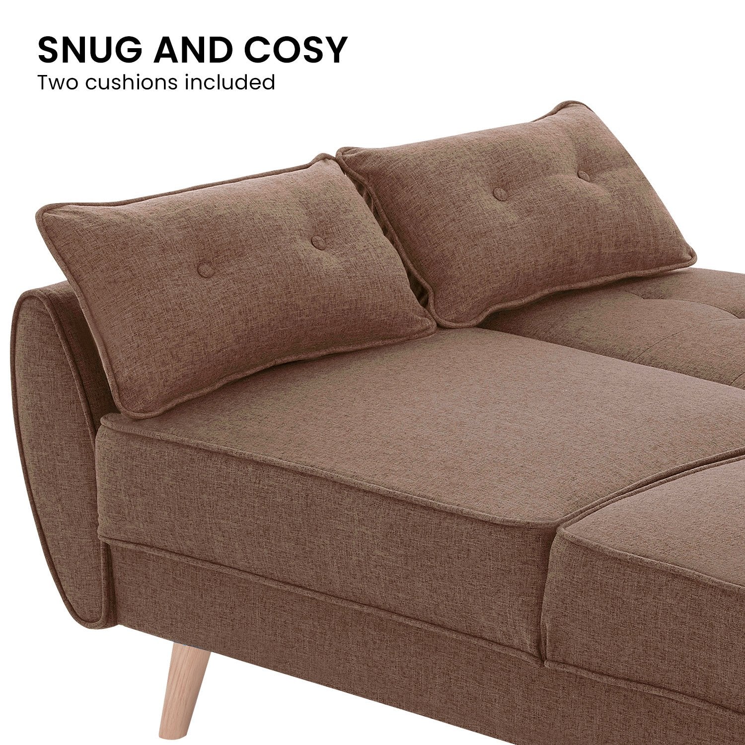 Snug and cosy two cushions included infographic showing brown linen sofa bed in reclined position with button pillows
