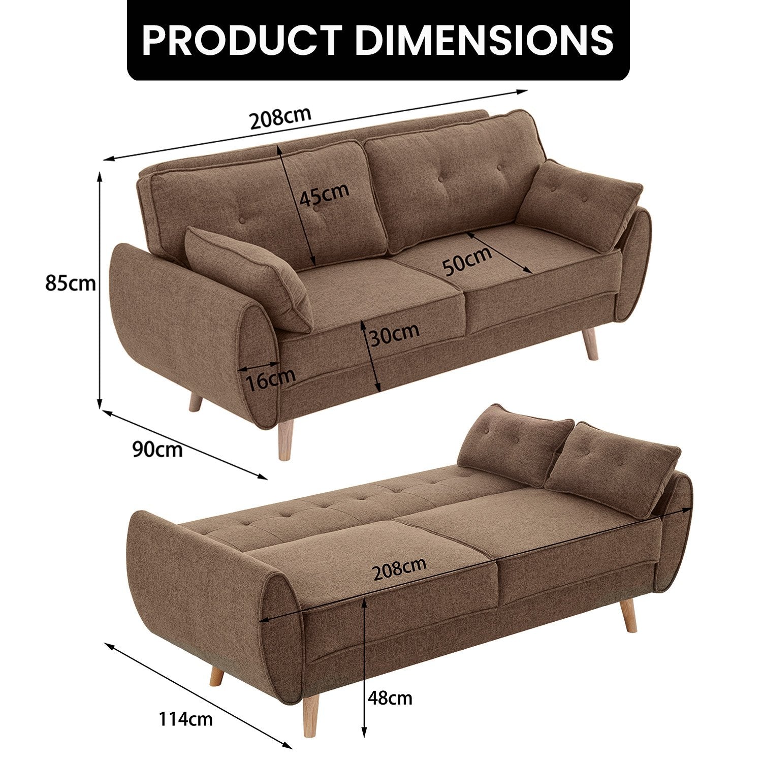 Product dimensions for brown linen sofa bed: 208cm x 85cm x 90cm sofa, 208cm x 114cm x 48cm bed