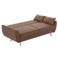 Brown linen sofa bed fully extended in flat bed mode with two scatter pillows and rounded arms on white background