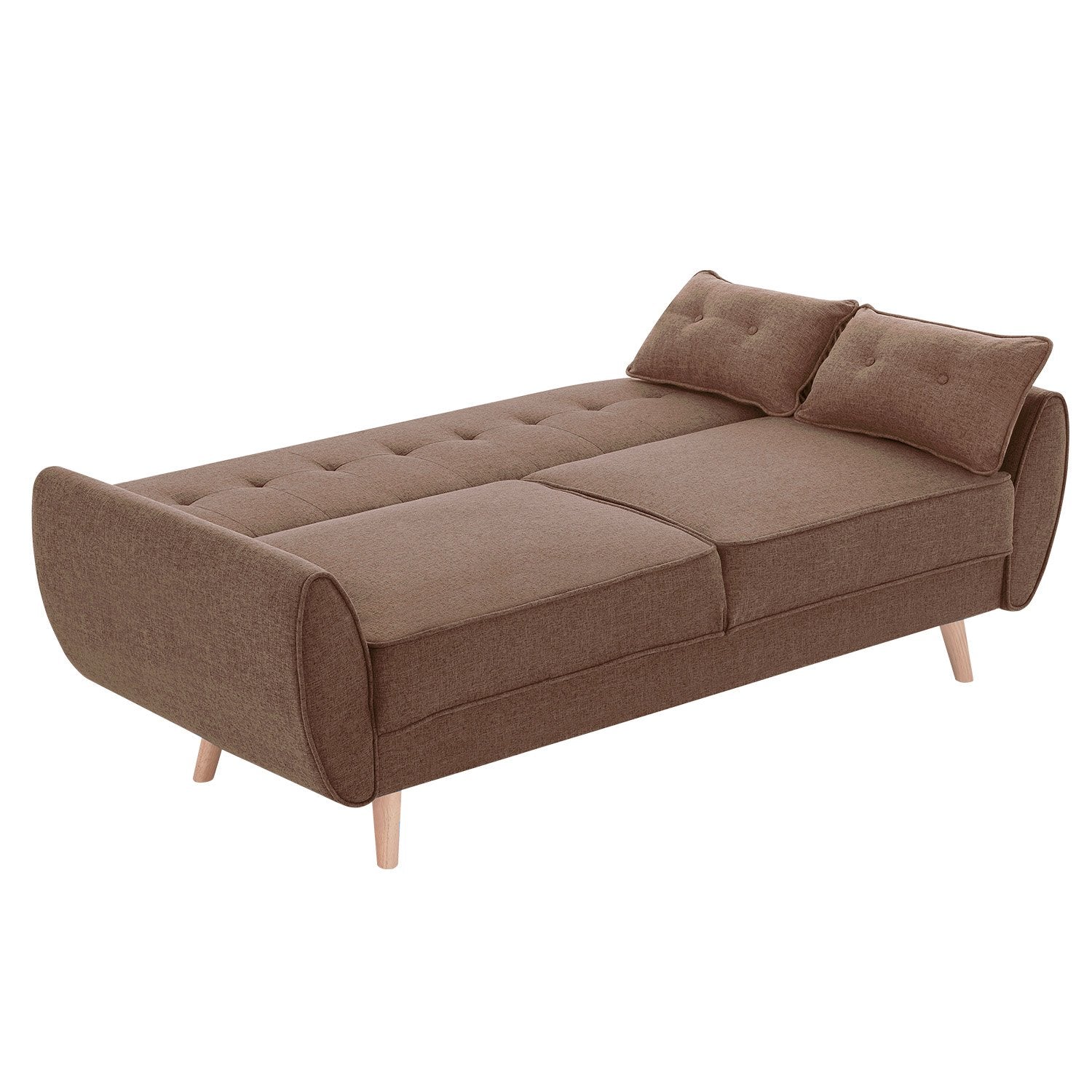 Brown linen sofa bed fully extended in flat bed mode with two scatter pillows and rounded arms on white background