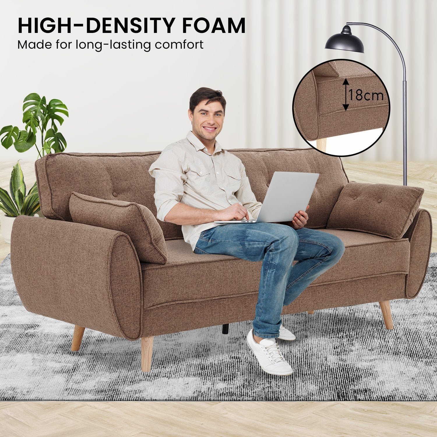 High-density foam infographic showing man seated on brown linen sofa in living room with 18cm foam depth callout