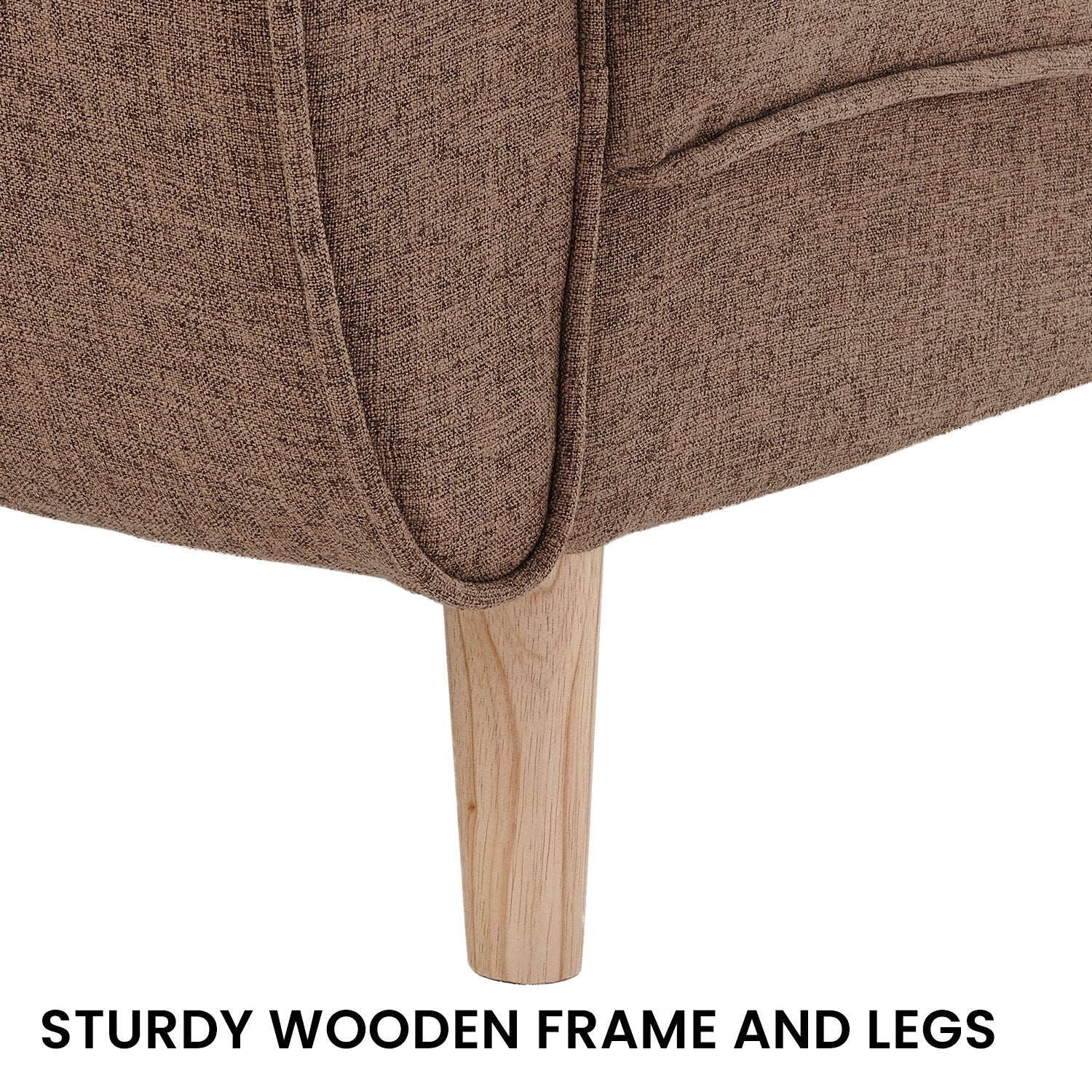 Sturdy wooden frame and legs infographic showing close-up of brown linen sofa side panel and tapered natural wood leg