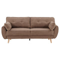 Front view of brown linen sofa bed with button-tufted back cushions and scatter pillows on rounded arms on white background