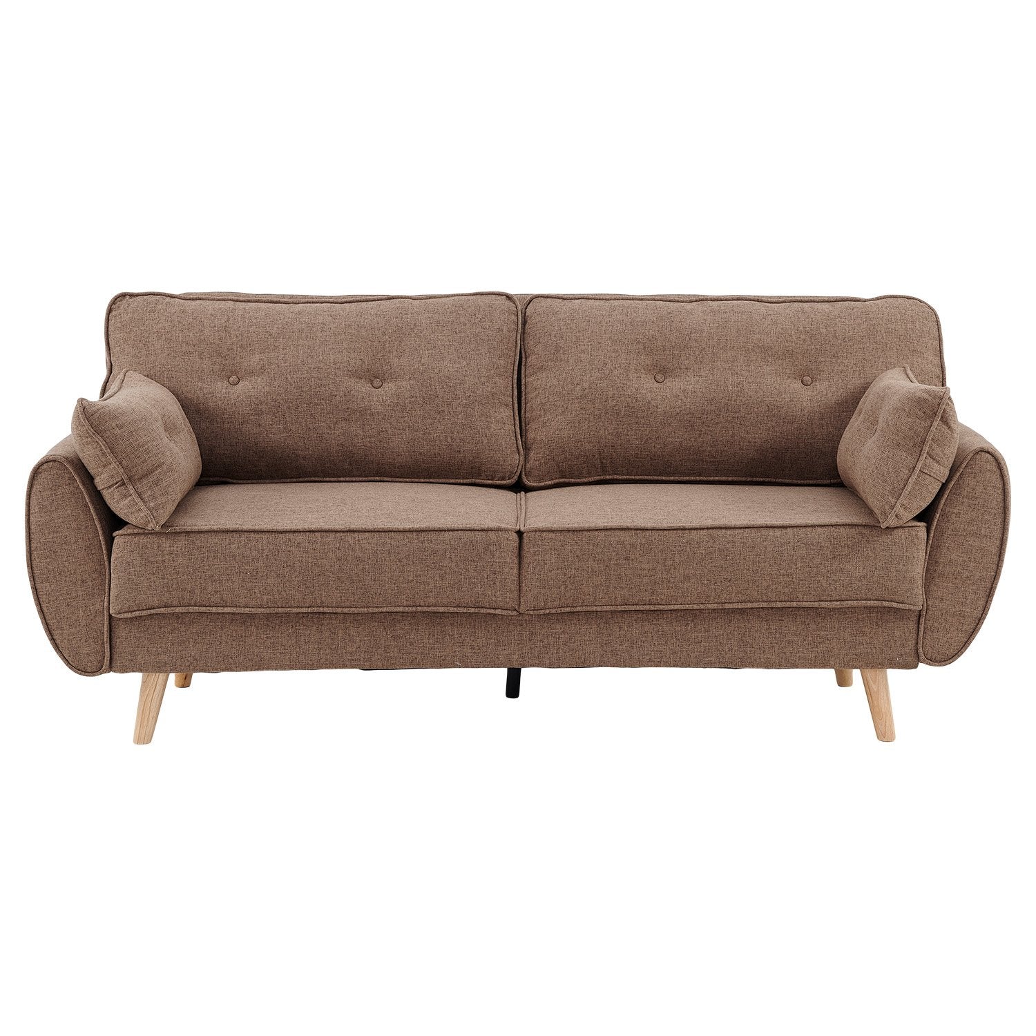 Front view of brown linen sofa bed with button-tufted back cushions and scatter pillows on rounded arms on white background