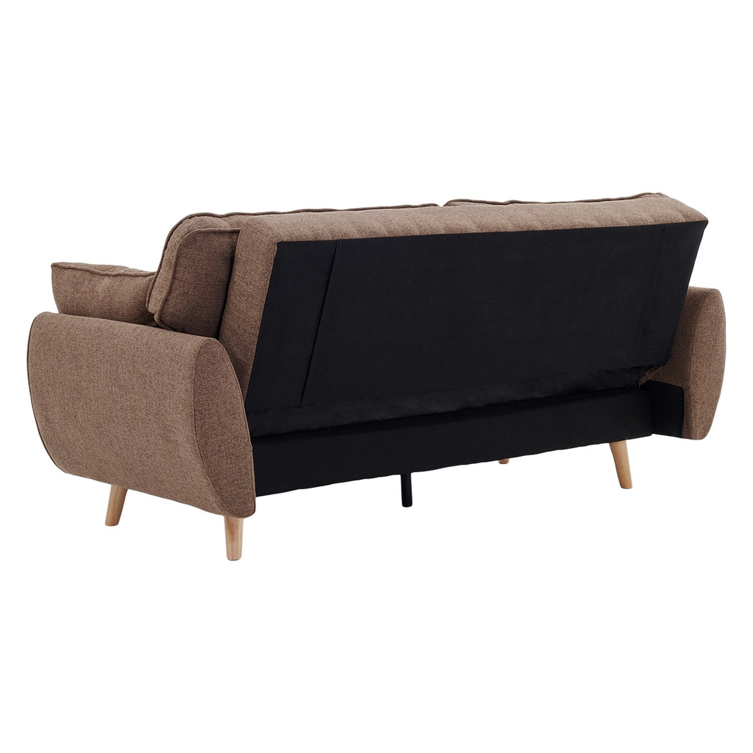 Three-quarter rear angle view of brown linen sofa bed showing conversion mechanism and natural wood legs