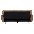 Rear view of brown linen sofa bed showing black underframe and bed conversion mechanism with wood legs