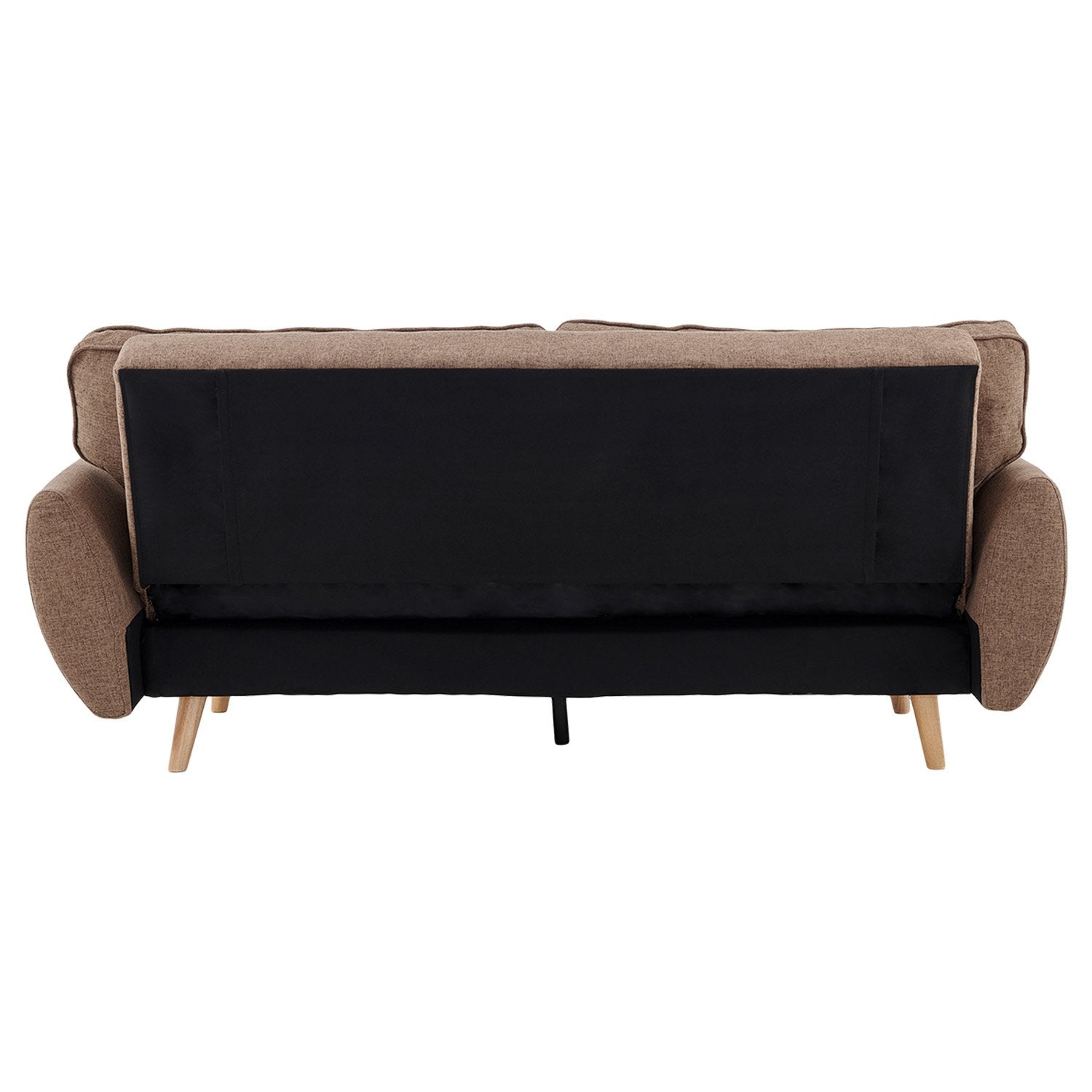 Rear view of brown linen sofa bed showing black underframe and bed conversion mechanism with wood legs