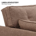 Linen upholstery with stylish tufting infographic showing close-up of brown sofa back texture and scatter pillow