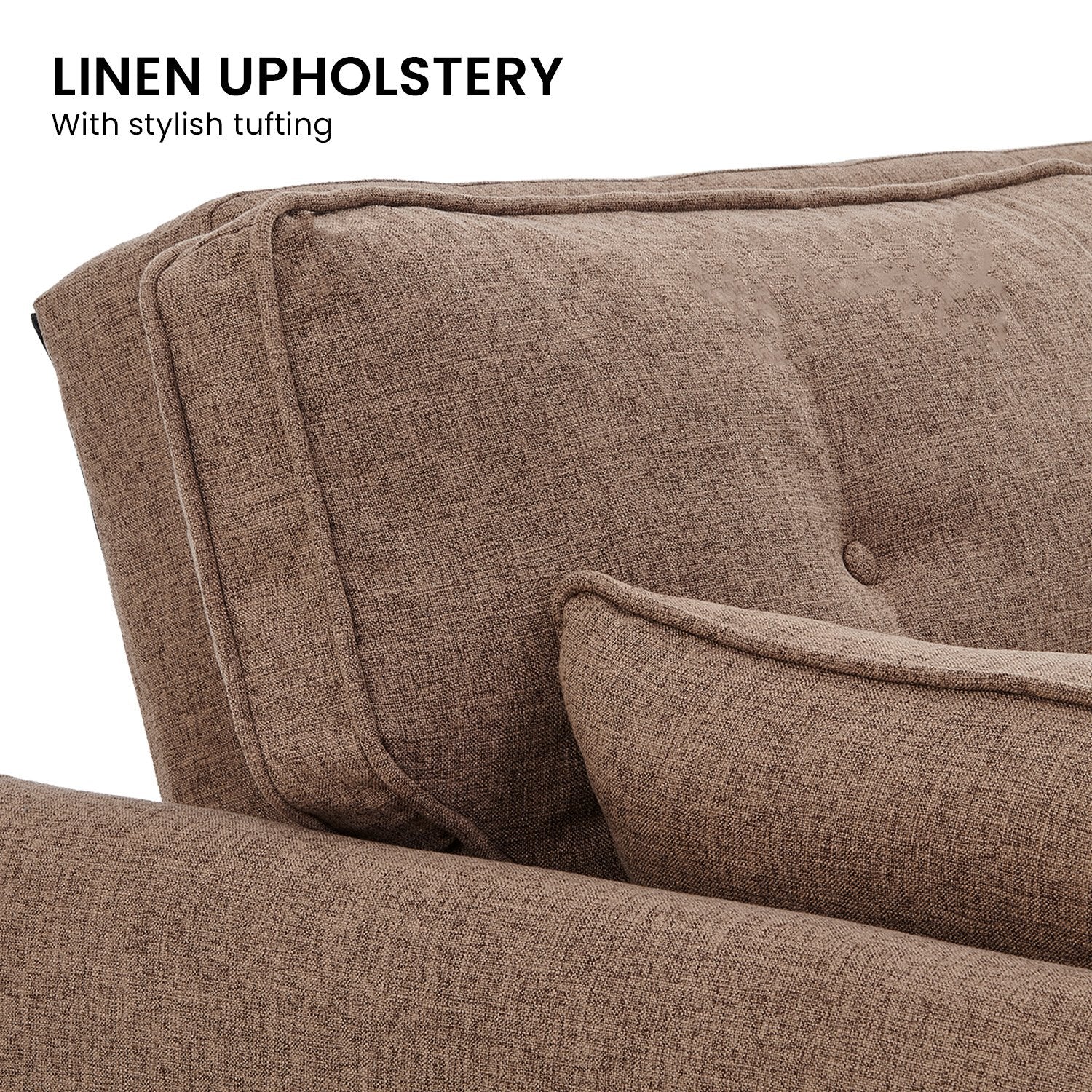 Linen upholstery with stylish tufting infographic showing close-up of brown sofa back texture and scatter pillow