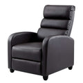 Dark brown PU leather recliner chair with segmented padded back and rounded bun feet, angle view on white background
