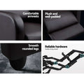 Four-panel detail of brown leather recliner: padded armrest, segmented back, rounded leg, and steel reclining mechanism