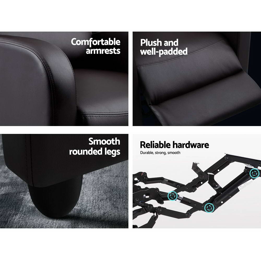 Four-panel detail of brown leather recliner: padded armrest, segmented back, rounded leg, and steel reclining mechanism