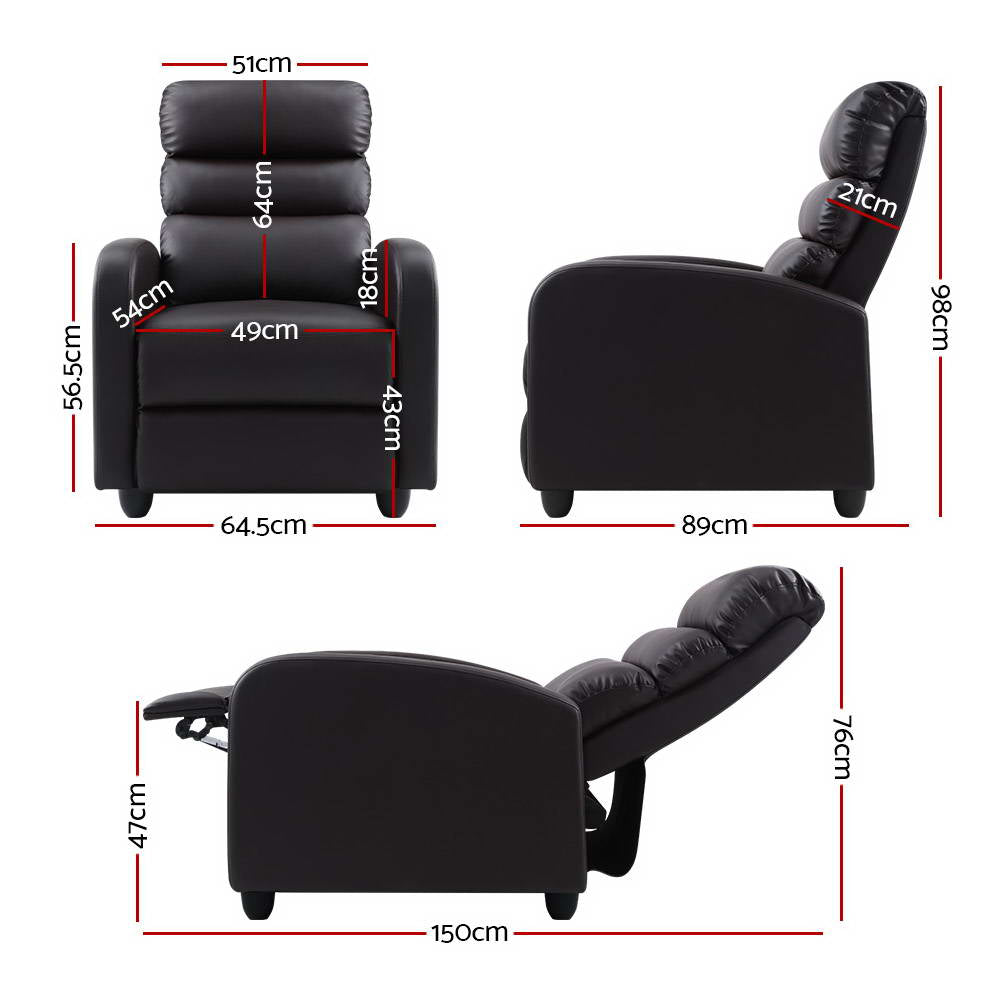 Dark brown PU leather recliner chair with segmented padded back beside rubber plant, grey textured wall background