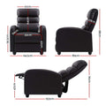 Three-view dimensions of brown recliner: 64.5W 56.5H cm upright, 89D 98H cm side, 150cm fully reclined, seat 49cm wide