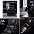 Four-panel feature of brown leather recliner: lifestyle view, 150KG steel base, three support layers diagram, woman reclining
