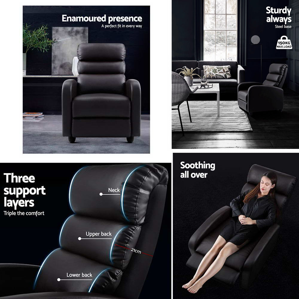 Four-panel feature of brown leather recliner: lifestyle view, 150KG steel base, three support layers diagram, woman reclining