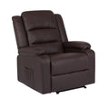 Dark brown PU leather recliner chair with padded armrests, segmented backrest and side pocket on white background