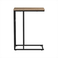 Front view of a C-shaped side table with a rustic oak wood top on a black rectangular metal frame against a white background.