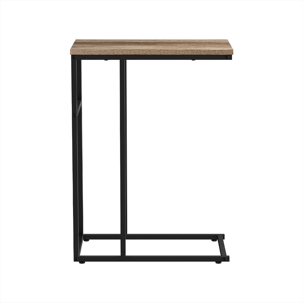 Front view of a C-shaped side table with a rustic oak wood top on a black rectangular metal frame against a white background.