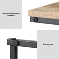 Close-up detail panels showing reinforced bolt hardware at table top corner and black anti-slip metal base foot.