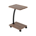 C-shaped mobile side table angle view, walnut tray top and base, curved black metal post, four castors, white background