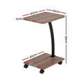 C-shaped mobile side table dimensions: 40x30cm top, 40x30cm base, 59cm height, 2cm top thickness, four caster wheels