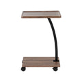 C-shaped mobile side table front view on white background, walnut tray top with raised edges, curved black post, four castors