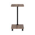 Side profile of C-shaped mobile side table, walnut wood top and base shelf, straight black post, two caster wheels