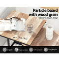 Close-up top view of wood-grain particleboard table top, 15mm thick, with text: Particle board with wood grain, E1 grade,
