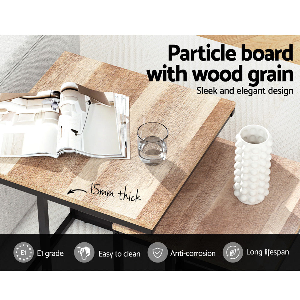 Close-up top view of wood-grain particleboard table top, 15mm thick, with text: Particle board with wood grain, E1 grade,