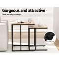Two C-shaped side tables with wood-grain tops and black metal frames in a living room, text reads Gorgeous and attractive