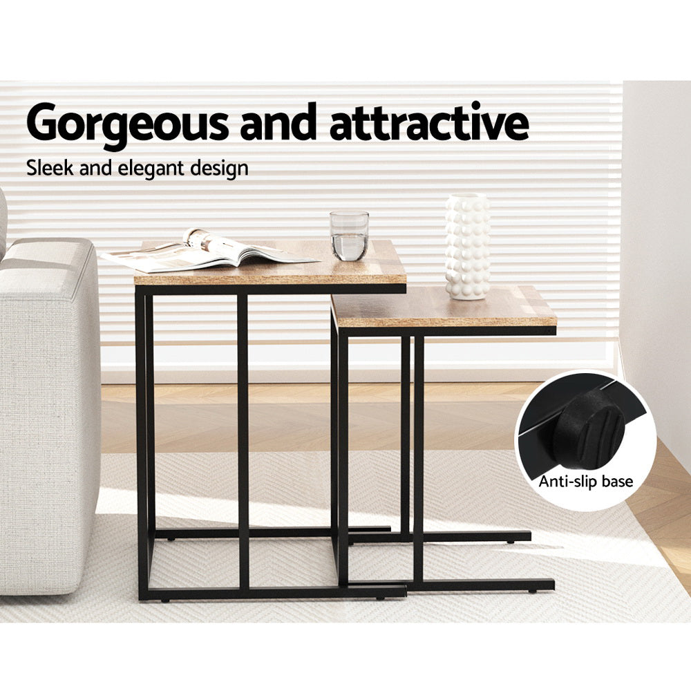 Two C-shaped side tables with wood-grain tops and black metal frames in a living room, text reads Gorgeous and attractive