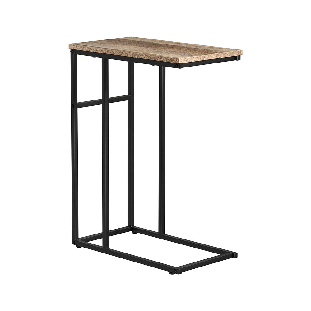 C-shaped side table with wood-grain particleboard top and black metal frame, front view on white background
