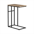 C-shaped side table with wood-grain particleboard top and black metal frame, front view on white background