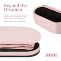 Celia pink storage ottoman shown open with black interior compartment and folded flat, text reads Beyond the Ottoman