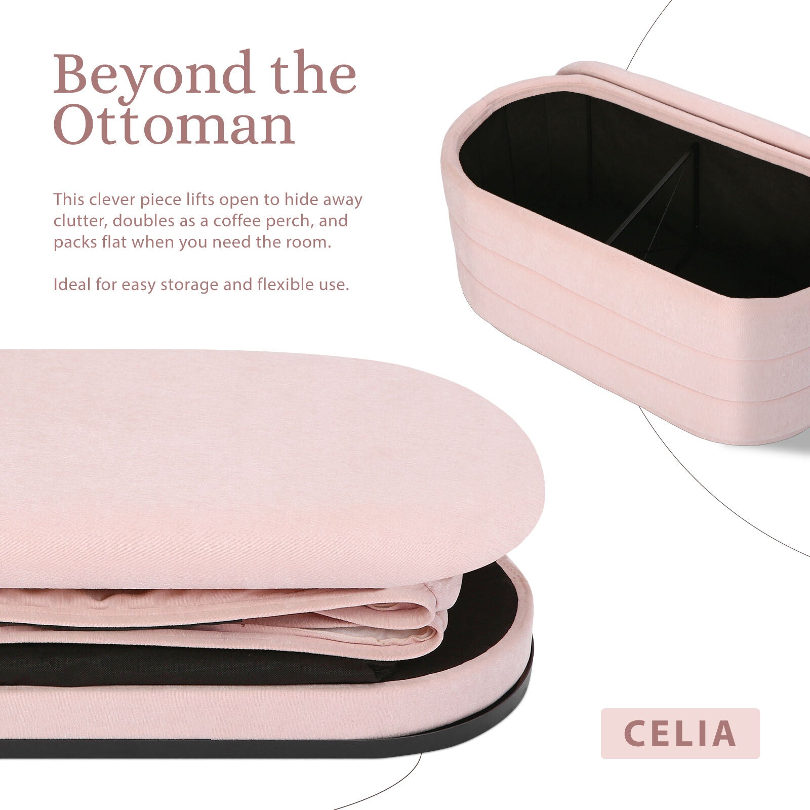 Celia pink storage ottoman shown open with black interior compartment and folded flat, text reads Beyond the Ottoman