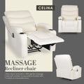 Celina cream PU leather massage recliner in three views: reclined with cup holder and remote, front and side upright