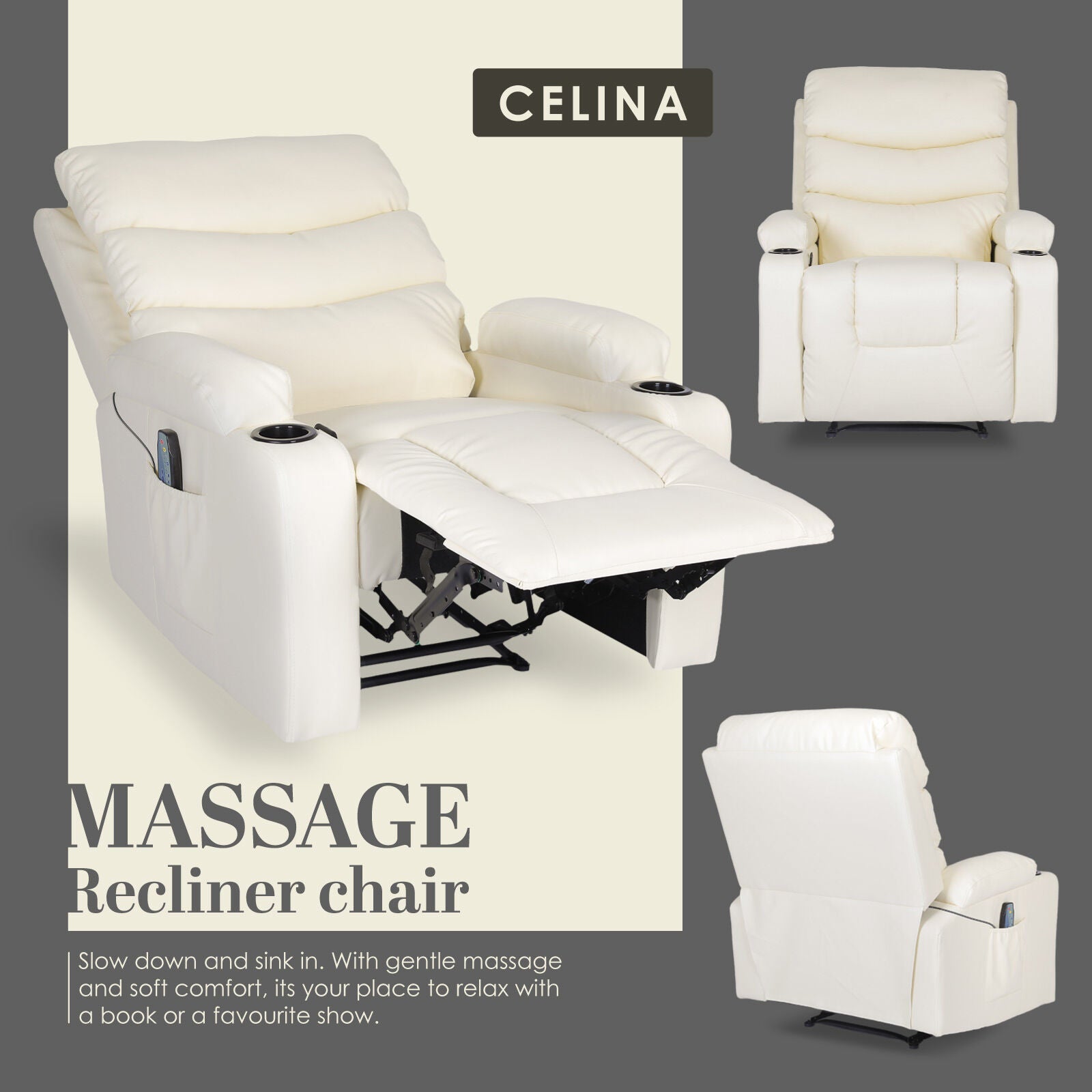 Celina cream PU leather massage recliner in three views: reclined with cup holder and remote, front and side upright